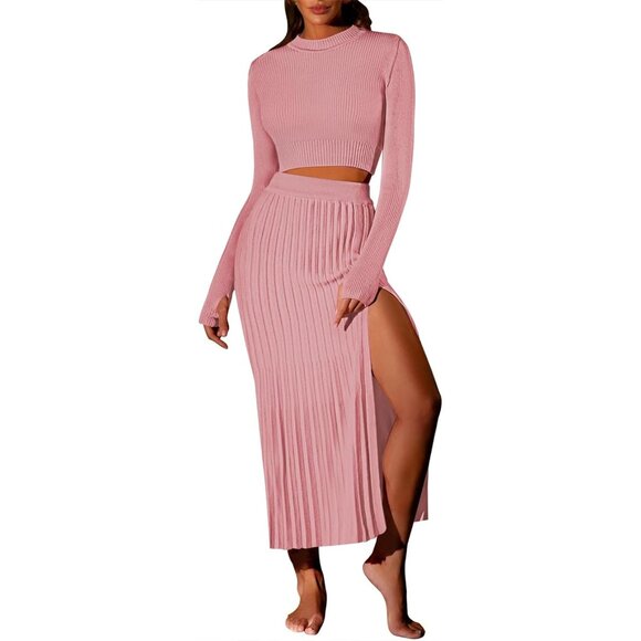 Dresses & Skirts - Women's Pink Sweater Set 2 Piece Crop Top Maxi Skirt Casual Dressy